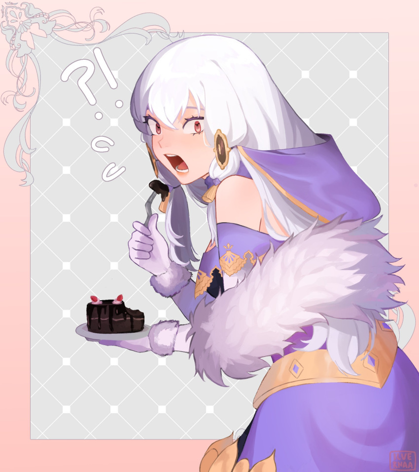 !? 1girl artist_request bare_shoulders cake cake_slice chocolate_cake choker commentary dress elbow_gloves english_commentary fire_emblem fire_emblem:_three_houses fire_emblem:_three_houses fire_emblem_16 fire_emblem_heroes floating_hair food fork fur_trim gloves hair_between_eyes highres holding holding_food holding_fork holding_plate intelligent_systems jewelry long_hair looking_at_viewer lysithea_von_ordelia nintendo open_mouth pink_eyes plate purple_dress signature solo strapless strapless_dress surprised teeth tied_hair veil white_gloves white_hair