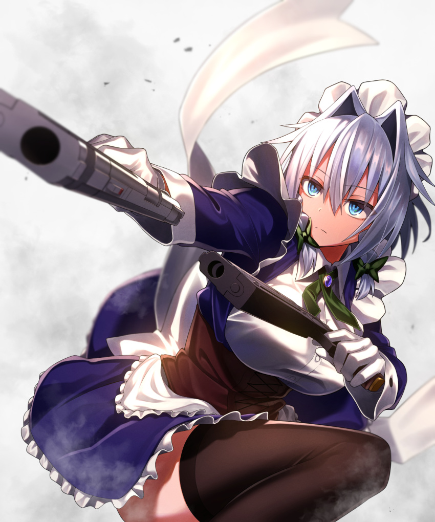 1girl apron bangs black_legwear blue_bow blue_dress blue_eyes bodice bow braid breasts closed_mouth dress dual_wielding frilled_dress frills gloves greenkohgen grey_hair gun highres holding holding_gun holding_weapon izayoi_sakuya large_breasts long_sleeves maid maid_headdress smoke solo thigh-highs touhou twin_braids weapon white_apron white_gloves