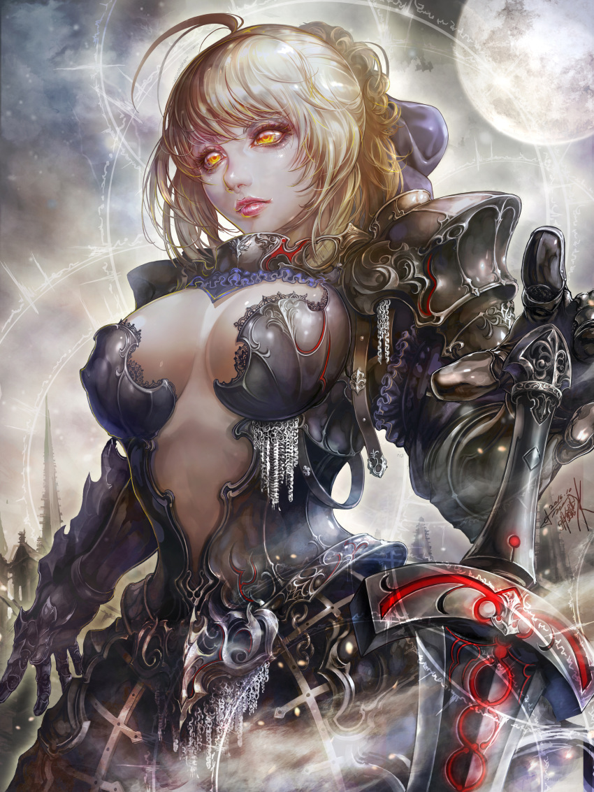 1girl absurdres ahoge armor armored_dress artoria_pendragon_(all) black_armor blonde_hair breasts center_opening clothing_request commentary_request cowboy_shot dated dress excalibur_morgan fate/stay_night fate_(series) gauntlets hair_ribbon highres holding holding_sword holding_weapon jay_b_lee looking_to_the_side medium_breasts moon orange_eyes pauldrons ribbon saber_alter short_hair shoulder_armor signature solo sword weapon