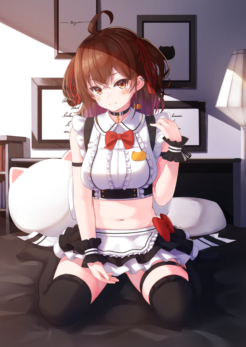 1girl ahoge apron arm_strap bare_shoulders bed black_choker black_legwear black_skirt blush bow bowtie breasts brown_eyes brown_hair choker collared_shirt crop_top cross_choker ear_piercing earrings frilled_apron frilled_shirt frilled_skirt frills hair_ribbon hand_up highres indoors jewelry large_breasts long_hair looking_at_viewer maid maid_apron medium_breasts medium_hair midriff miniskirt navel no_shoes nyan_(reinyan_007) on_bed original picture_frame piercing pillow ribbon shirt sitting sitting_on_bed skindentation skirt sleeveless sleeveless_shirt smile solo stomach sunlight thigh-highs thigh_strap thighs two_side_up waist_apron wariza white_apron white_shirt wrist_cuffs zettai_ryouiki