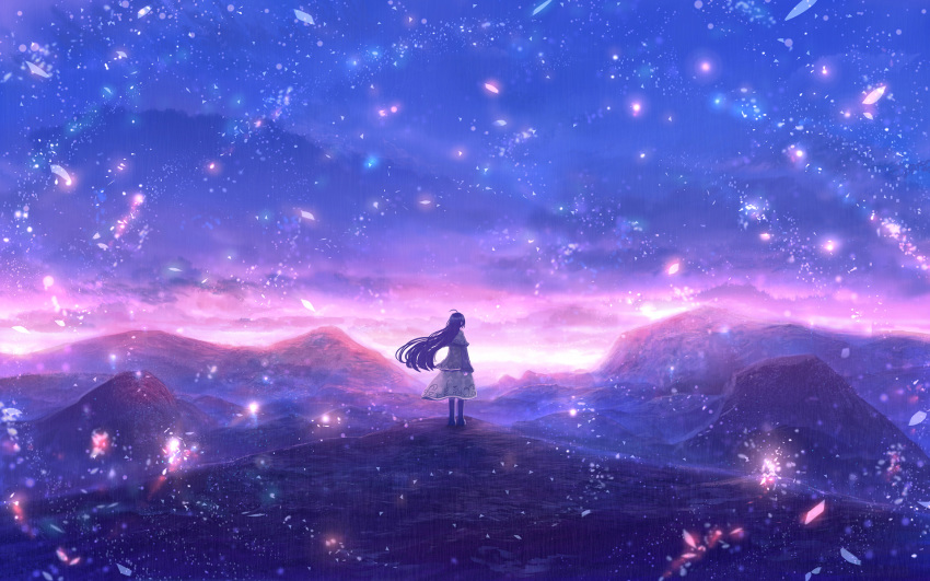 1girl ahoge black_hair capelet clouds cloudy_sky commentary dark fantasy highres light_particles long_hair looking_afar mountain mountainous_horizon original sakimori_(hououbds) scenery skirt sky solo texture twilight wind