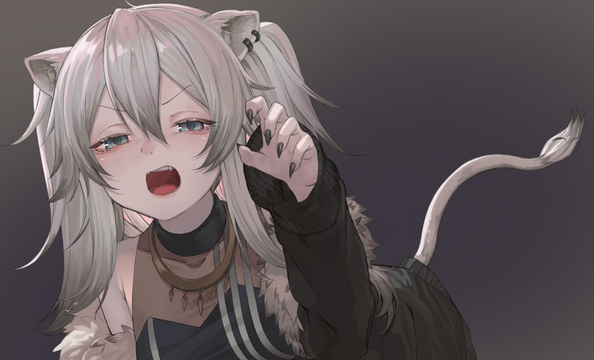 1girl :o ahoge animal_ears bare_shoulders black_nails breasts claw_pose earrings eyebrows_visible_through_hair fangs fur-trimmed_jacket fur_trim grey_eyes grey_hair hair_between_eyes highres hololive jacket jewelry large_breasts lion_ears lion_girl lion_tail long_hair looking_at_viewer metsurin necklace open_mouth shirt shishiro_botan solo tail v-shaped_eyebrows virtual_youtuber