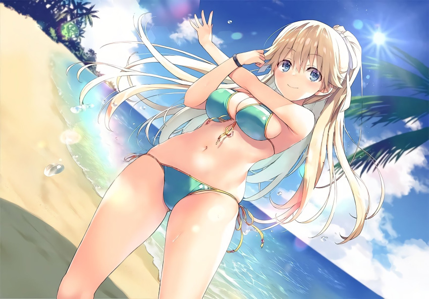 1girl aqua_bikini bangs beach bikini blonde_hair blue_eyes closed_mouth day eyebrows_visible_through_hair hair_between_eyes highres long_hair looking_at_viewer nanase_tsubasa navel official_art outdoors side-tie_bikini skindentation solo stomach stretch swimsuit thighs tomose_shunsaku very_long_hair wristband youkoso_jitsuryoku_shijou_shugi_no_kyoushitsu_e