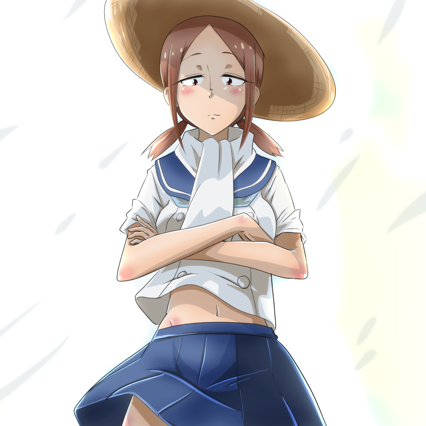 1girl absurdres anime_coloring blush brown_eyes brown_hair crossed_arms hat highres houkago_teibou_nisshi kuroiwa_yuuki looking_at_viewer medium_hair midorikan navel scarf school_uniform short_twintails sidelocks simple_background skirt solo standing straw_hat sun_hat tilted_headwear twintails white_scarf