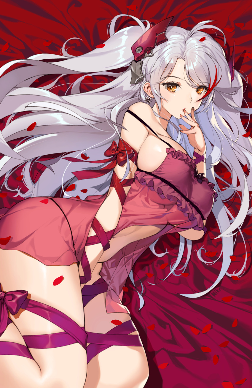 1girl absurdres antenna_hair arm_ribbon azur_lane babydoll bangs blush breasts brown_eyes cross cross_earrings earrings eyebrows_visible_through_hair finger_to_mouth headgear highres iron_cross jewelry large_breasts long_hair looking_at_viewer lying multicolored_hair nike1060 on_side prinz_eugen_(azur_lane) redhead ribbon silver_hair solo strap_slip streaked_hair thigh_ribbon thighs two_side_up very_long_hair