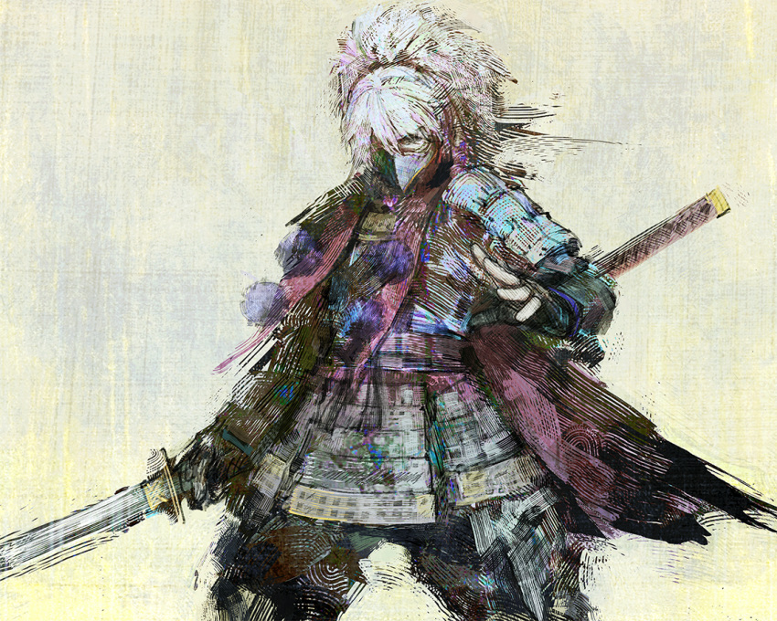 1boy armor black_gloves check_weapon fingerless_gloves gloves green_eyes hair_between_eyes holding holding_sword holding_weapon japanese_armor labombardier! long_hair male_focus mask mouth_mask ootachi painterly ponytail samurai samurai_spirits solo sword weapon white_hair yashamaru_kurama