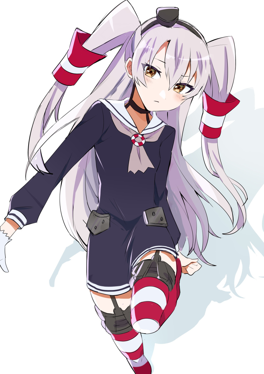 1girl absurdres amatsukaze_(kantai_collection) brown_eyes dress garter_straps gloves grey_neckwear hair_tubes hat head_tilt highres kantai_collection lifebuoy_ornament long_hair looking_at_viewer mini_hat neckerchief red_legwear sailor_collar sailor_dress shadow short_dress silver_hair simple_background single_glove smokestack_hair_ornament solo standing standing_on_one_leg striped striped_legwear thigh-highs toriniku_senshi_chikinman two_side_up white_background white_gloves white_sailor_collar windsock