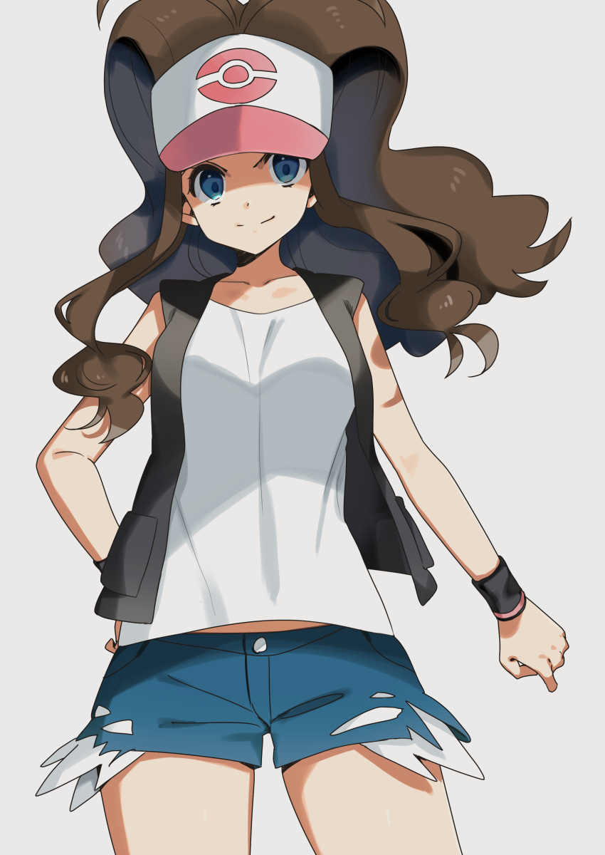 1girl absurdres baseball_cap big_hair black_vest black_wristband blue_eyes brown_hair closed_mouth collarbone commentary_request cowboy_shot denim denim_shorts eyelashes hand_on_hip hat highres hilda_(pokemon) long_hair looking_at_viewer poke_ball_symbol pokemon pokemon_(game) pokemon_bw shirt short_shorts shorts sidelocks sleeveless sleeveless_shirt smile solo two-tone_headwear v-shaped_eyebrows vest white_shirt yuihico