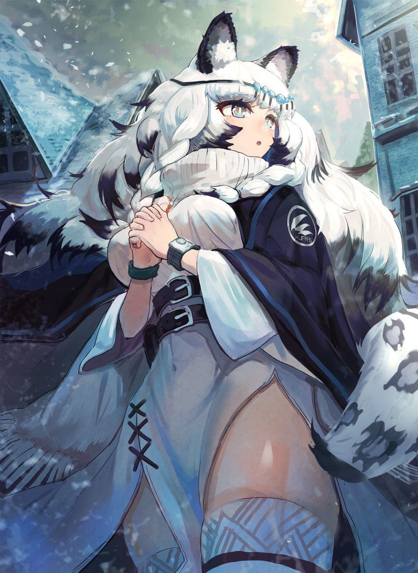 1girl animal_ear_fluff animal_ears arknights black_cloak black_hair blush breasts building circlet cloak commentary cowboy_shot dress eyelashes grey_eyes hands_clasped hands_together highres leopard_ears long_hair mannouyakunta medium_breasts multicolored_hair open_mouth outdoors own_hands_together pelvic_curtain pramanix_(arknights) side_slit silver_hair snow solo streaked_hair thick_thighs thigh-highs thighs turtleneck two-tone_hair watch watch white_dress white_legwear wristband