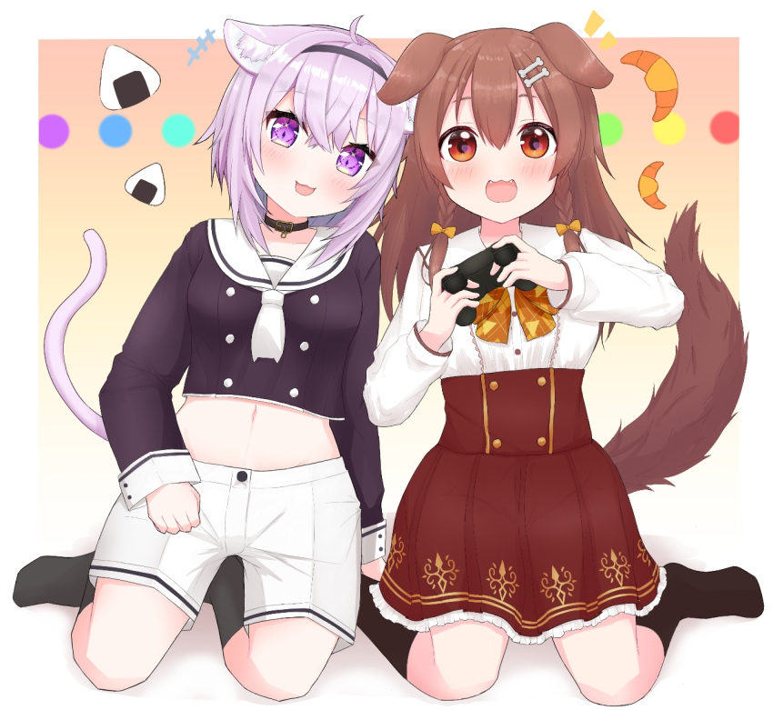 2girls :3 animal_ear_fluff animal_ears blush cat_girl cat_tail chocolate_cornet controller dog_ears dog_girl dog_tail food full_body game_controller gamepad gradient gradient_background highres hololive inugami_korone looking_at_viewer midriff multiple_girls nanamiya_natsumi nekomata_okayu onigiri open_mouth sitting tail virtual_youtuber wariza yokozuwari