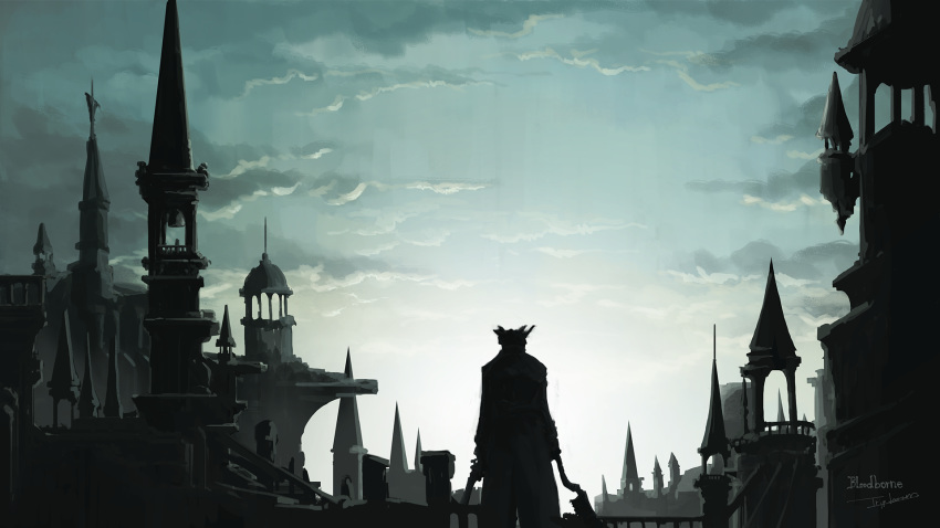1other ambiguous_gender arms_at_sides bell bloodborne building cityscape clouds cloudy_sky coat commentary copyright_name day facing_away from_behind gun hat highres holding holding_gun holding_weapon hunter_(bloodborne) outdoors saw_cleaver scenery sky standing tower tricorne tripdancer weapon