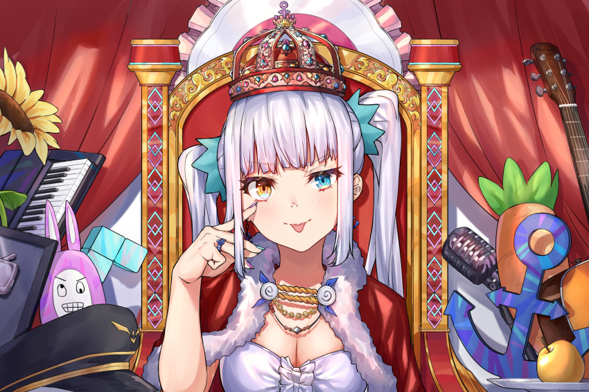 1girl 592683801 :p anchor apple bangs black_headwear blue_eyes blue_nails blush breasts cape carrot crown curtains eyebrows_visible_through_hair flower food fruit gem guitar hat heterochromia highres instrument jewelry kagura_mea kagura_mea_channel keyboard_(instrument) long_hair looking_at_viewer medium_breasts microphone military_hat multicolored multicolored_nails necklace peaked_cap pink_nails plate red_cape sidelocks silver_hair solo sunflower super_bunny_man tetris throne tongue tongue_out twintails upper_body virtual_youtuber