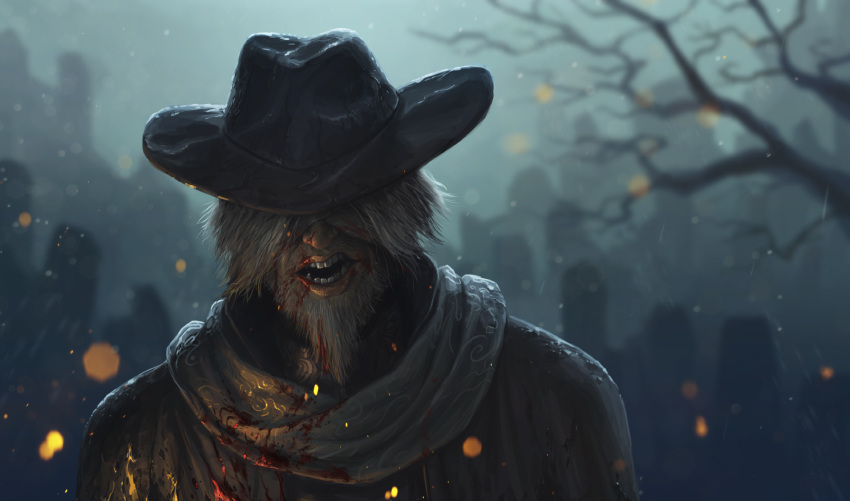 1boy bangs bare_tree beard black_headwear blindfold bloodborne blurry cloak commentary_request depth_of_field embers face facial_hair facing_viewer fangs gehrman_the_first_hunter grey_hair hat highres holding long_hair male_focus open_mouth outdoors rain satoyuki scarf short_hair solo teeth tombstone tree