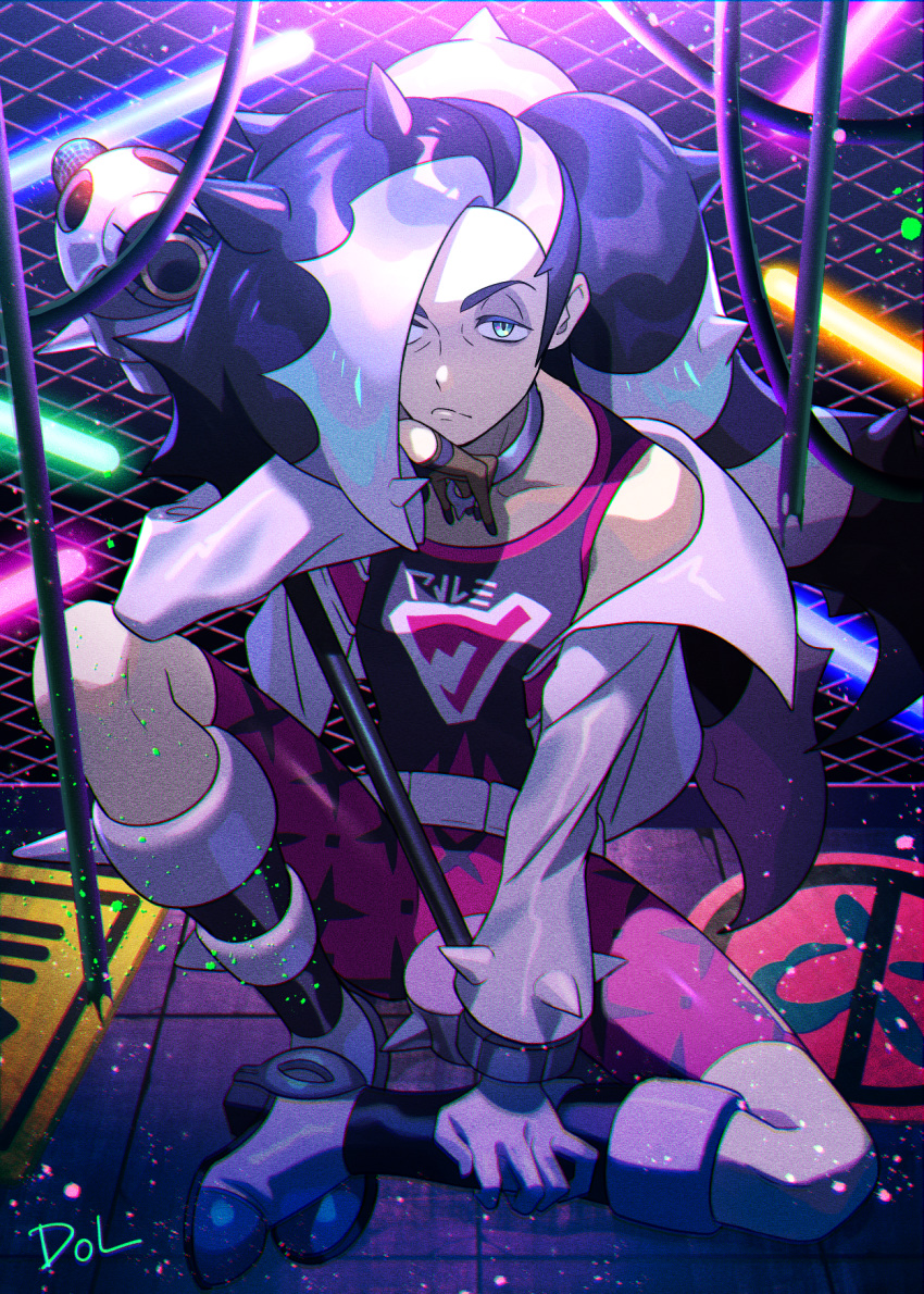 1boy aqua_eyes artist_name belt bike_shorts boots closed_mouth collar commentary_request cropped_jacket dolustoy eyeshadow fence gloves hair_over_one_eye hand_up highres long_hair long_sleeves makeup microphone microphone_stand multicolored_hair neon_lights piers_(pokemon) pokemon pokemon_(game) pokemon_swsh single_glove sitting solo tank_top tile_floor tiles two-tone_hair white_belt