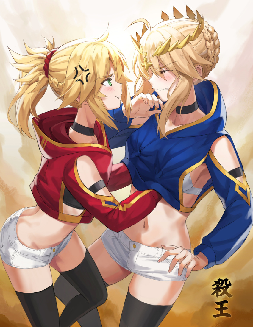2girls ahoge anger_vein artoria_pendragon_(all) artoria_pendragon_(lancer) bangs black_legwear blonde_hair blush braid breasts choker closed_eyes detached_collar detached_sleeves fate/apocrypha fate/grand_order fate_(series) french_braid green_eyes hair_between_eyes hair_ornament hair_scrunchie highres hood hoodie large_breasts long_hair long_sleeves mordred_(fate) mordred_(fate)_(all) mother_and_daughter multiple_girls navel parted_bangs ponytail pout puffy_cheeks red_scrunchie scrunchie short_shorts shorts sidelocks small_breasts thigh-highs thighs tonee white_shorts wince