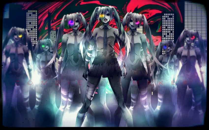 1055 bandaged_arm bandaged_leg bandages blue_eyes bone_hair_ornament building english_text evil_grin evil_smile exposed_bone glowing glowing_eye green_eyes grey_skin grin hatsune_miku highres missing_eye multiple_girls necktie open_mouth red_eyes sharp_teeth shirt skirt skyscraper smile smirk stitches teeth torn_clothes torn_shirt torn_skirt twintails violet_eyes vocaloid yellow_eyes zombie