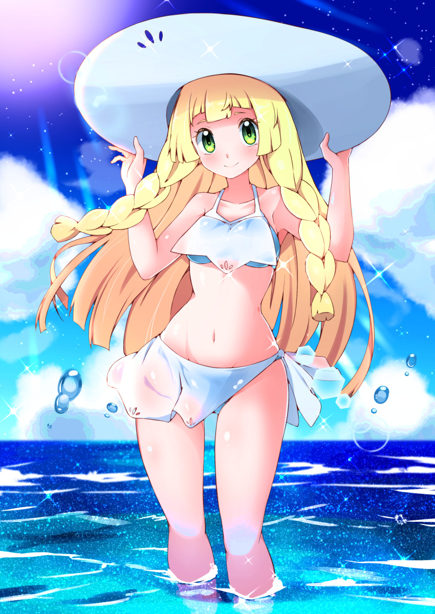 1girl absurdres bangs blonde_hair blush braid closed_mouth clouds commentary_request day eyelashes green_eyes hands_on_headwear hands_up hat highres lillie_(pokemon) long_hair miyama-san navel outdoors pokemon pokemon_(game) pokemon_sm sky smile solo sparkle standing sunlight swimsuit wading water white_headwear white_swimsuit