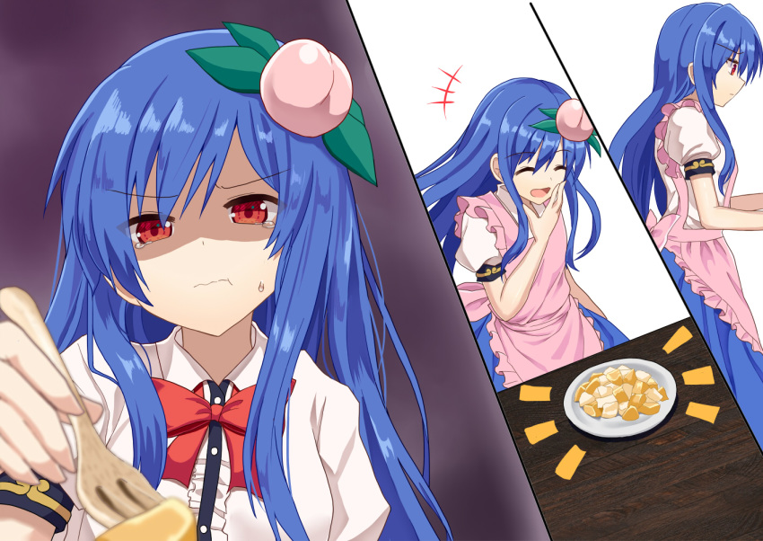 +++ 1girl apron blue_hair blue_skirt bow bowtie closed_eyes commentary_request feeding food food_themed_hair_ornament fork from_side fruit grimace hair_ornament hand_to_own_mouth hinanawi_tenshi holding holding_fork long_hair no_hat no_headwear peach peach_hair_ornament pink_apron plate pov puffy_short_sleeves puffy_sleeves red_eyes red_neckwear shaded_face shirt short_sleeves skirt solo split_screen sugiyama_ichirou tearing_up touhou very_long_hair wavy_mouth white_shirt