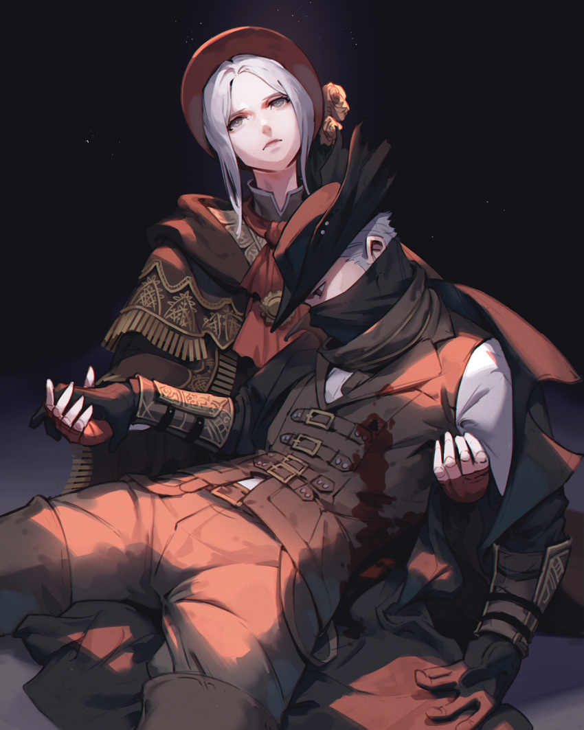 1boy 1girl bangs black_background black_cloak black_coat black_gloves black_headwear bleeding blood bloodborne bloody_clothes bonnet brown_pants brown_vest carrying cloak closed_mouth coat commentary_request corpse cowboy_shot cravat death doll_joints flower gloves grey_eyes hat highres holding_hand hunter_(bloodborne) injury jiro_(ninetysix) joints light_particles long_coat long_sleeves looking_up mask mouth_mask open_hands pants parted_bangs plain_doll profile red_eyes red_gloves red_headwear rose shirt short_hair silver_hair sitting tricrone vambraces vest white_shirt