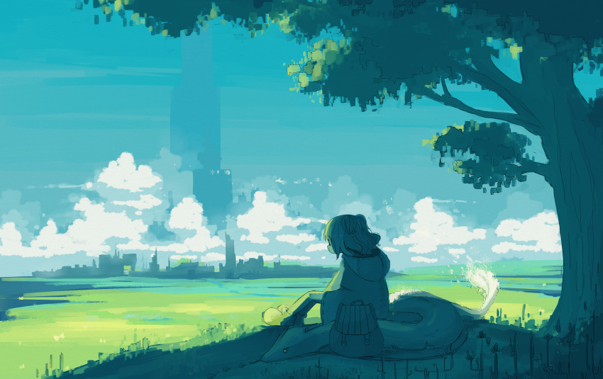 1girl bag building child clouds commentary_request creature day dragon fantasy harumaki_gohan highres hood hood_down leaf meadow original outdoors scenery shadow short_hair sitting skyscraper solo summer tree tree_shade
