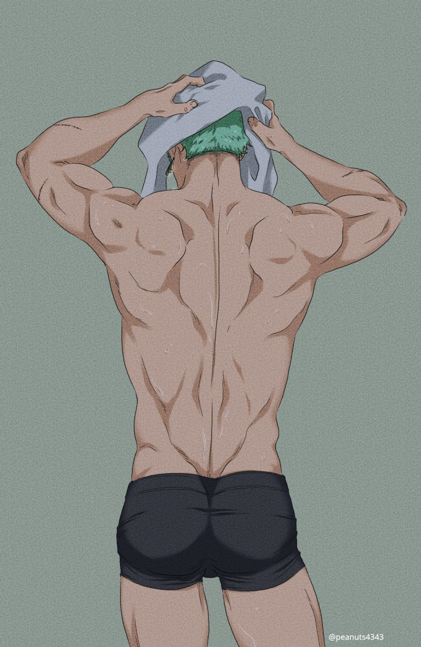 1boy back boxer_briefs chest cowboy_shot earrings facial_scar green_hair highres jewelry male_focus male_underwear muscle one_piece pinattsu roronoa_zoro scar short_hair solo thighs toned toned_male towel underwear