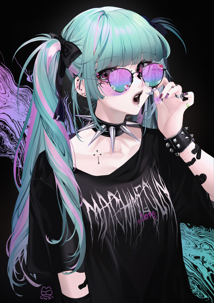 1girl aqua_hair artist_name bandaid bangs black_background black_bow black_collar black_lipstick black_shirt blunt_bangs bow bracelet collar collarbone ear_piercing eyebrows_visible_through_hair glasses hair_bow highres jewelry lip_piercing lipstick long_hair looking_at_viewer makeup multicolored_hair nail_art nose_piercing original piercing pink_eyes ring self_harm shirt spiked_collar spikes sticker streaked_hair studded_bracelet tinted_eyewear twintails unxi