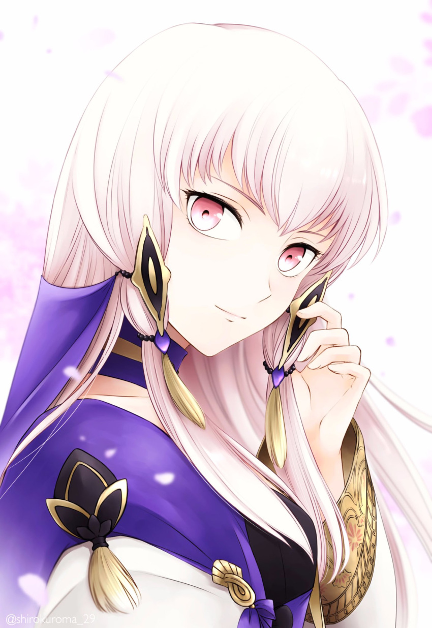 1girl closed_mouth fire_emblem fire_emblem:_three_houses from_side hair_ornament highres long_hair long_sleeves looking_to_the_side lysithea_von_ordelia petals pink_eyes shirokuroma_29 solo twitter_username upper_body white_hair