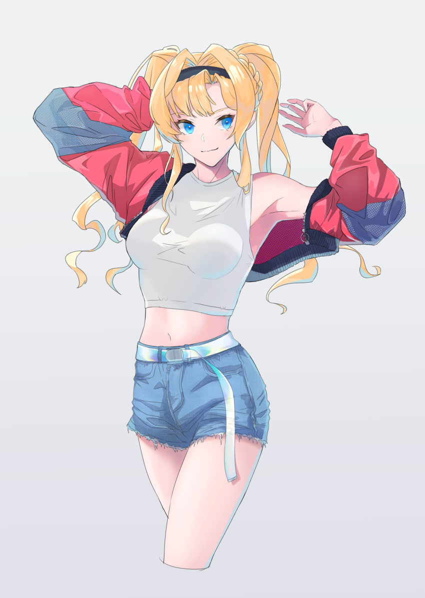 1girl absurdres belt black_hairband blonde_hair blue_belt blue_eyes blue_shorts breasts casual commentary_request cutoff_jeans cutoffs granblue_fantasy grey_background hairband highres ironashi_(user_wtpe4387) jacket long_hair medium_breasts midriff navel open_clothes open_jacket red_jacket shirt shorts single_bare_shoulder sleeveless sleeveless_shirt solo twintails white_shirt zeta_(granblue_fantasy)