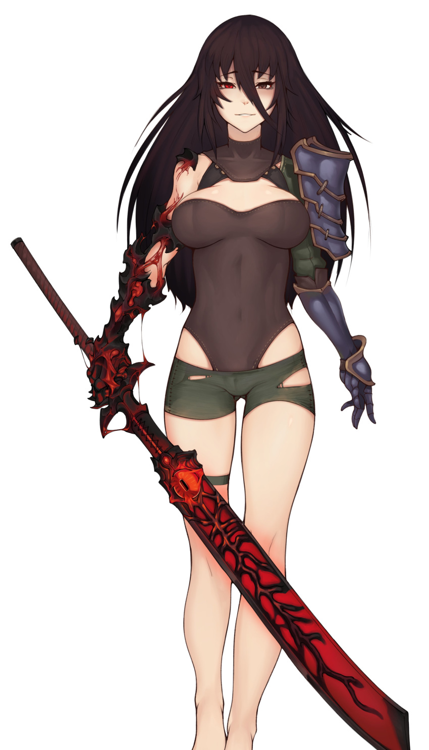 1girl absurdres armor ass_visible_through_thighs bangs breasts brown_eyes brown_hair commentary commission cursed_sword_(monster_girl_encyclopedia) english_commentary eyebrows_visible_through_hair full_body gauntlets hair_between_eyes heterochromia highleg highleg_leotard highres large_breasts leotard long_hair looking_at_viewer monster_girl_encyclopedia ovosh147 parted_lips pauldrons red_eyes short_shorts shorts shoulder_armor simple_background smile solo sword weapon white_background