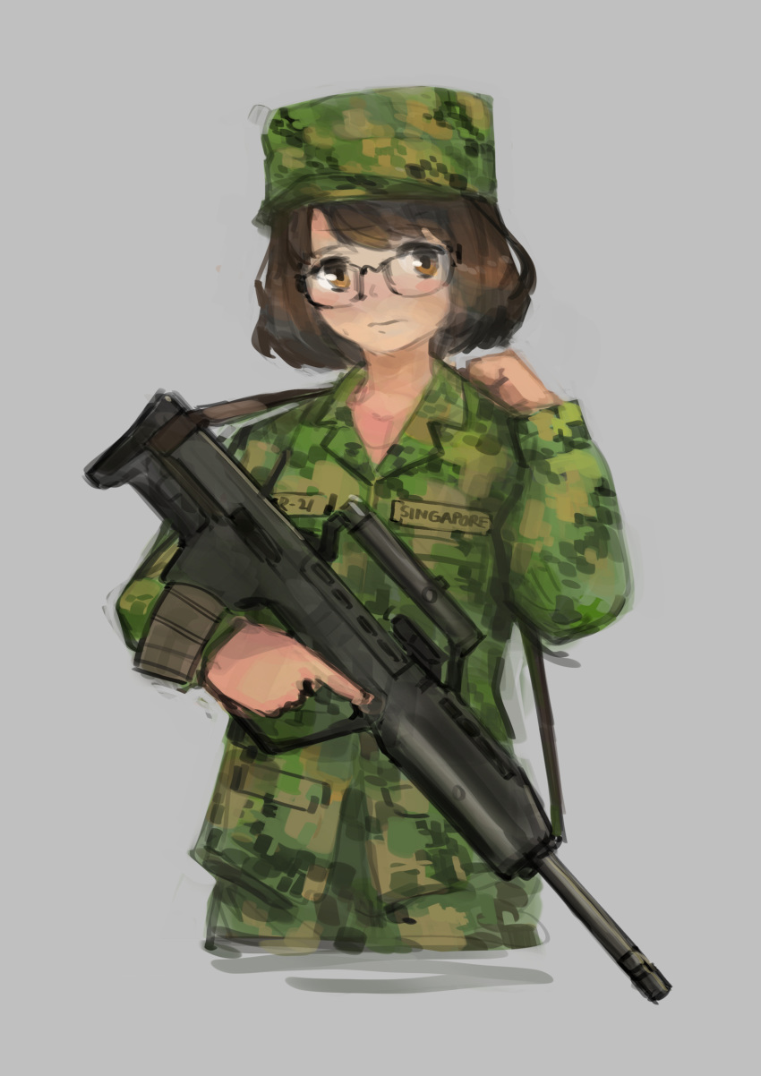 1girl brown_eyes brown_hair english_commentary girls_frontline glasses grey_background gun highres holding holding_gun holding_weapon light_blush looking_to_the_side military military_uniform rifle sar-21 sar-21_(girls_frontline) singapore solo uniform upper_body weapon xerbatt