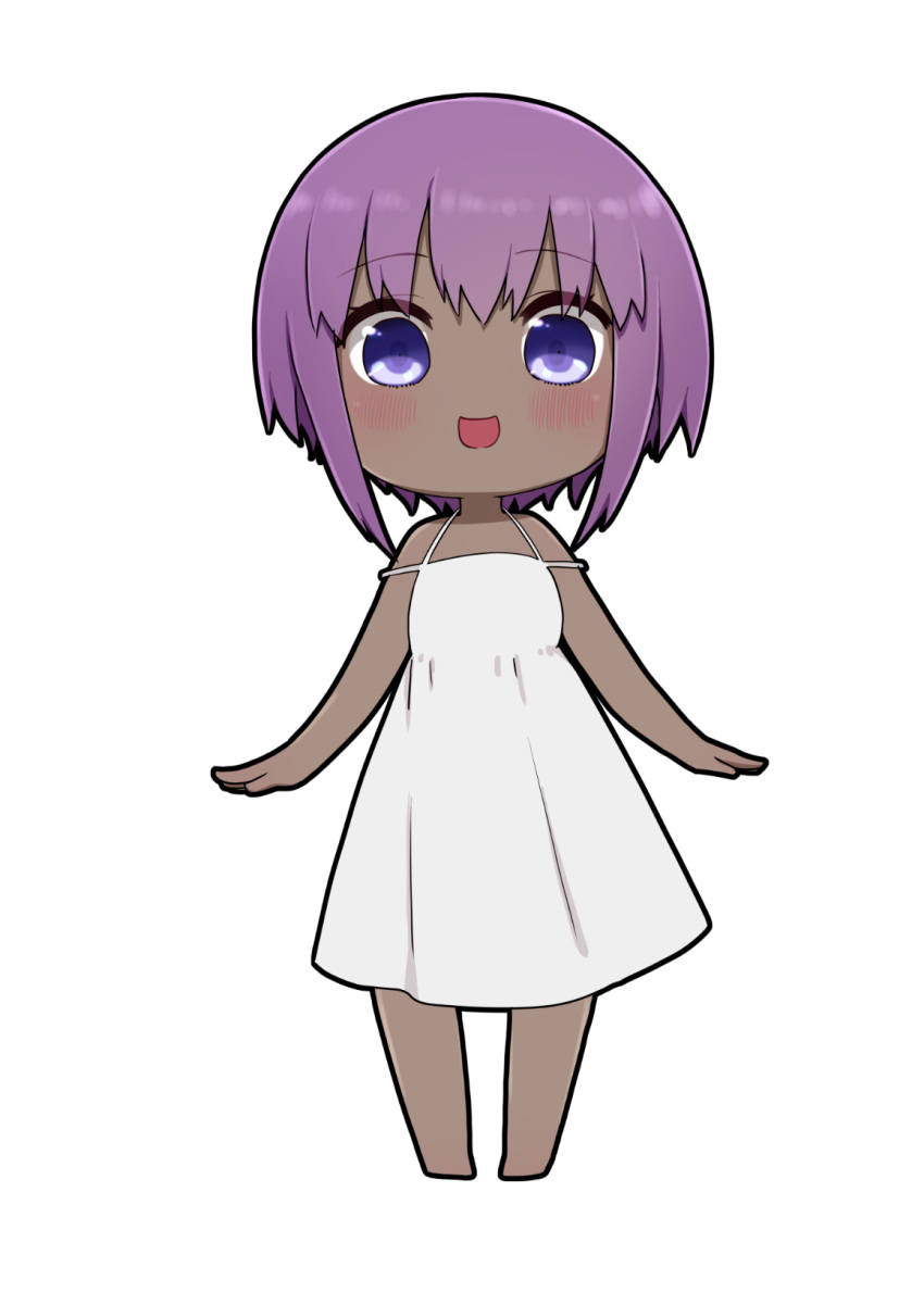 1girl :d bare_arms bare_shoulders barefoot blush chibi dark_skin dress fate/prototype fate/prototype:_fragments_of_blue_and_silver fate_(series) full_body hassan_of_serenity_(fate) highres i.u.y looking_at_viewer open_mouth purple_hair simple_background sleeveless sleeveless_dress smile solo standing violet_eyes white_background white_dress
