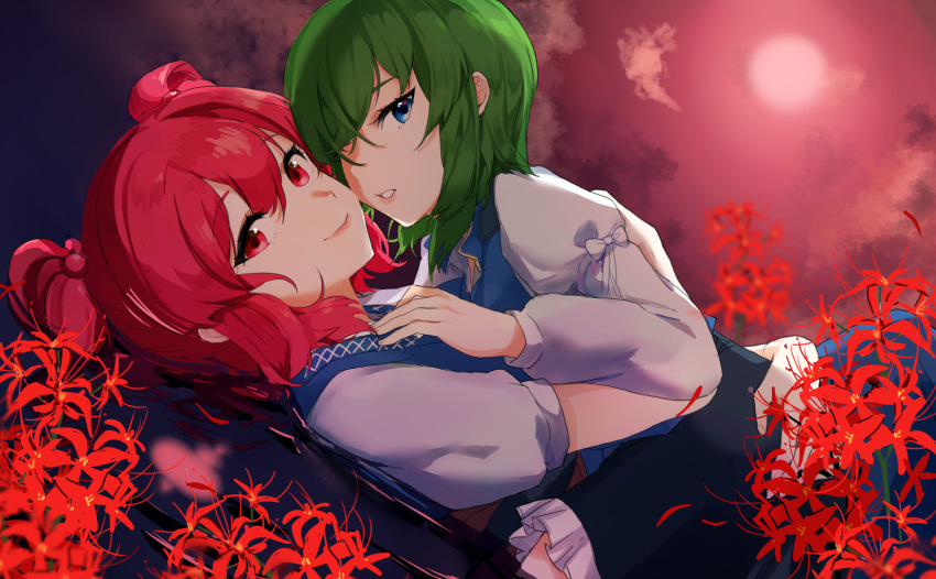 2girls bangs blue_eyes blue_vest closed_mouth clouds cloudy_sky evening field flower flower_field fog green_hair hair_bobbles hair_ornament highres hug juliet_sleeves long_sleeves looking_at_viewer lying lying_on_another medium_hair moon multiple_girls on_back on_stomach onozuka_komachi puffy_sleeves red_eyes red_moon redhead saple shiki_eiki short_hair short_sleeves short_twintails sidelocks sky smile spider_lily symbol_commentary touhou twintails vest yuri