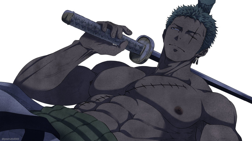 1boy abs alternate_costume bara chest earrings facial_scar from_below green_hair highres jewelry katana male_focus muscle nipples one_eye_closed one_piece over_shoulder pectorals pinattsu roronoa_zoro scar shirtless short_hair solo sword upper_body weapon weapon_over_shoulder