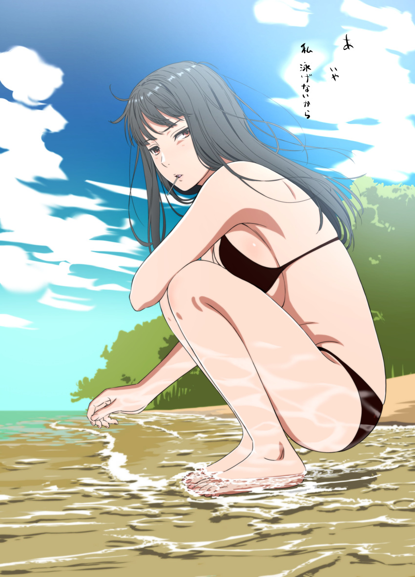 1girl absurdres beach bikini black_bikini black_hair breast_press breasts candy clouds commentary_request food foreshortening highres kakitama large_breasts lollipop long_hair looking_at_viewer messy_hair original parted_lips sand sideboob sky solo squatting swimsuit translation_request water