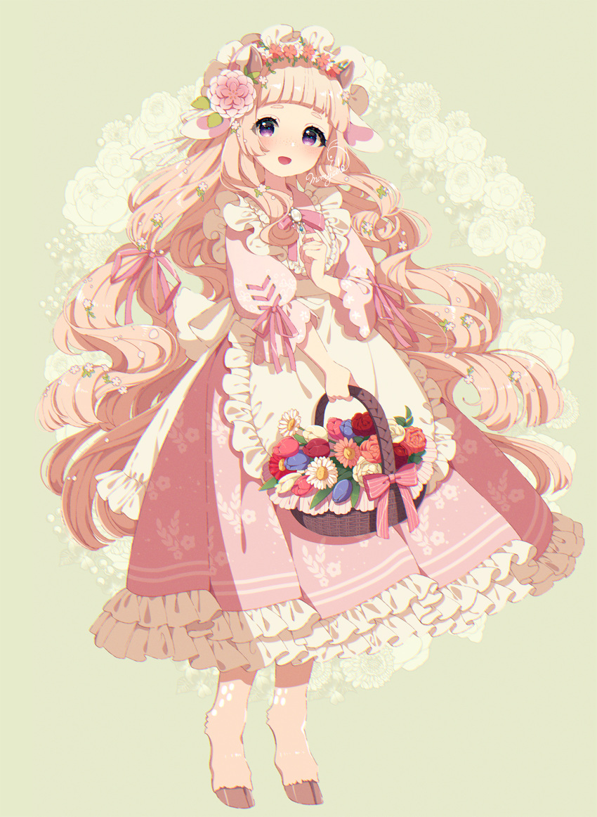 1girl :d animal_ears apron basket blue_flower blush commentary commission dress english_commentary floral_background flower frilled_apron frilled_dress frills full_body goat_ears goat_horns hair_flower hair_ornament hair_ribbon highres holding holding_basket hooves horns horse_legs light_brown_hair long_hair looking_at_viewer mamyouda monster_girl open_mouth original pink_dress pink_flower pink_ribbon pleated_dress puffy_short_sleeves puffy_sleeves red_flower red_rose ribbon rose satyr short_eyebrows short_sleeves signature smile solo standing thick_eyebrows tulip very_long_hair violet_eyes waist_apron white_apron white_flower