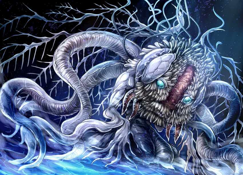 absurdres alien bloodborne blue_eyes commentary_request ebrietas_daughter_of_the_cosmos eldritch_abomination extra_arms highres monster no_humans sharp_teeth skeletal_wings slug solo teeth uro_(uroboros) water wings