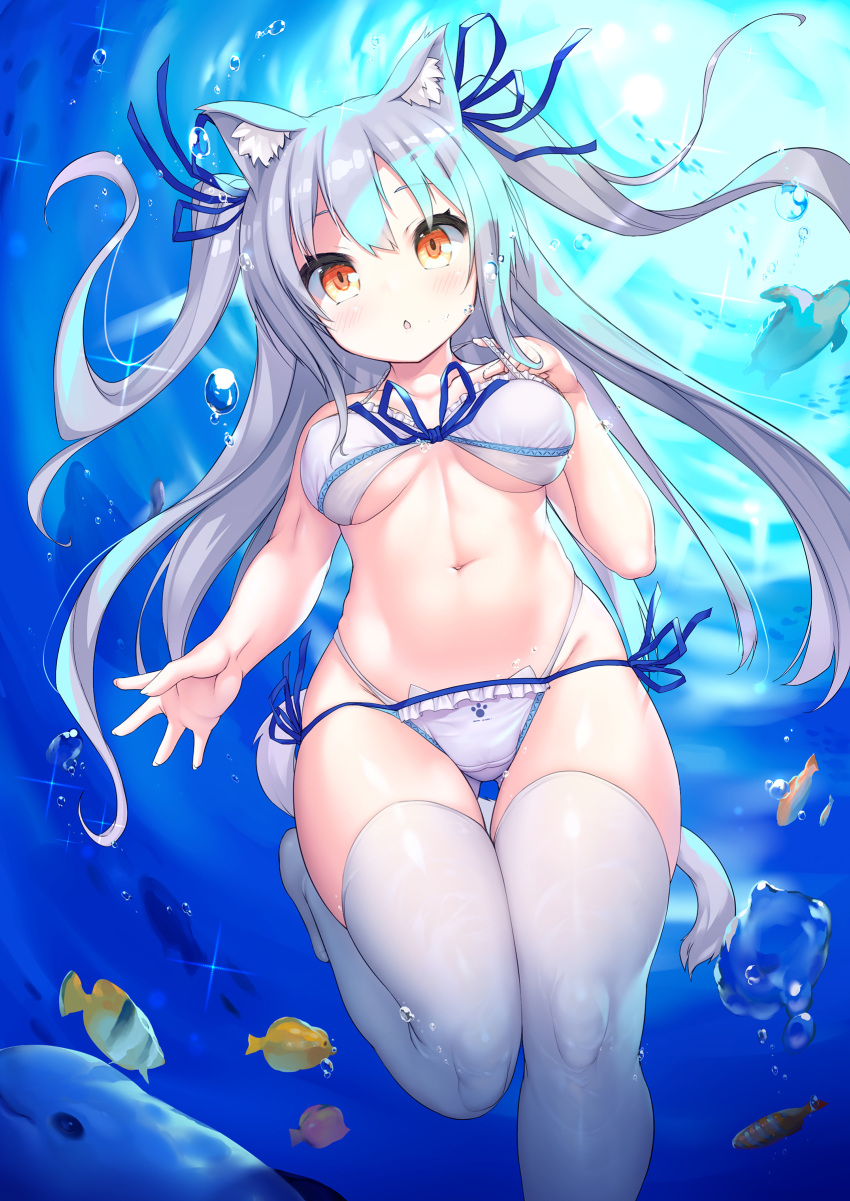 1girl :o absurdres air_bubble animal animal_ear_fluff animal_ears ass_visible_through_thighs bangs bikini blue_ribbon blush breasts brown_eyes bubble cat_ears cat_girl cat_tail commentary_request day eyebrows_visible_through_hair fish grey_hair groin hair_ribbon hand_up highleg highleg_bikini highres layered_bikini lifted_by_self long_hair looking_at_viewer medium_breasts navel no_shoes ochinsama original outdoors parted_lips ribbon side-tie_bikini solo strap_lift swimsuit tail thigh-highs thigh_gap turtle two_side_up underwater very_long_hair water white_bikini white_legwear
