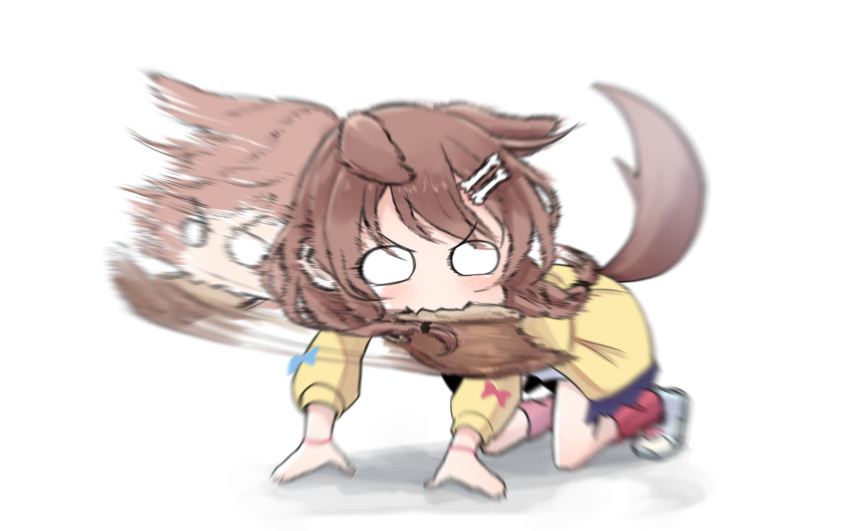 1girl afterimage all_fours animal_ears bag biting blank_eyes blush bone_hair_ornament braid brown_hair chibi commentary dog_ears dog_tail dress fang full_body hair_ornament highres hololive inugami_korone jacket medium_hair mimyung00 motion_blur motion_lines mouth_hold open_clothes open_jacket paper_bag red_footwear shoes side_braids simple_background skin_fang socks solo tail twin_braids virtual_youtuber white_background white_dress white_footwear yellow_jacket