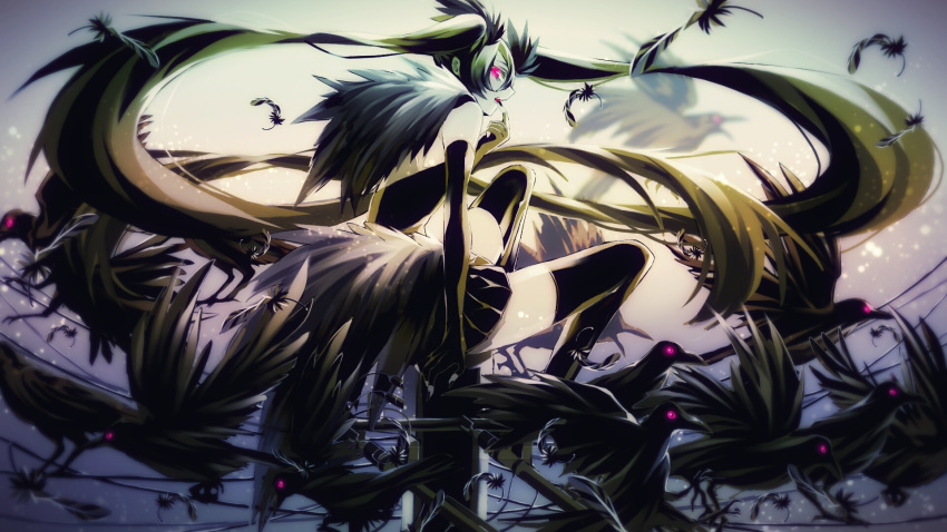 1055 1girl bird crow elbow_gloves feather_hair_ornament feather_trim feathers finger_to_mouth fingerless_gloves gloves glowing glowing_eye green_hair hatsune_miku highres long_hair looking_to_the_side red_eyes skirt starry_background telephone_pole thigh-highs very_long_hair vocaloid