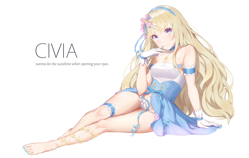 1girl 592683801 arm_support armband bare_shoulders blonde_hair blue_choker blue_dress blue_hairband blue_nails blue_ribbon blush breasts character_name choker civia dress finger_to_mouth frilled_panties frills full_body gloves hair_ribbon hairband highres hololive hololive_china horn_ornament horns jewelry legs long_hair looking_at_viewer medium_breasts navel necklace open_clothes open_dress panties ribbon simple_background single_horn smile solo star_(symbol) star_necklace strapless strapless_dress thigh_strap thighs toenail_polish two-tone_dress underwear very_long_hair violet_eyes virtual_youtuber white_background white_dress white_gloves white_panties