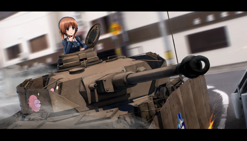 1girl absurdres action blush brown_eyes brown_hair city emblem girls_und_panzer ground_vehicle hand_up headset highres kk90 letterboxed medium_hair military military_vehicle motion_blur motor_vehicle nishizumi_miho ooarai_(emblem) open_mouth panzerkampfwagen_iv radio_antenna road solo sparks street tank throat_microphone uniform upper_body