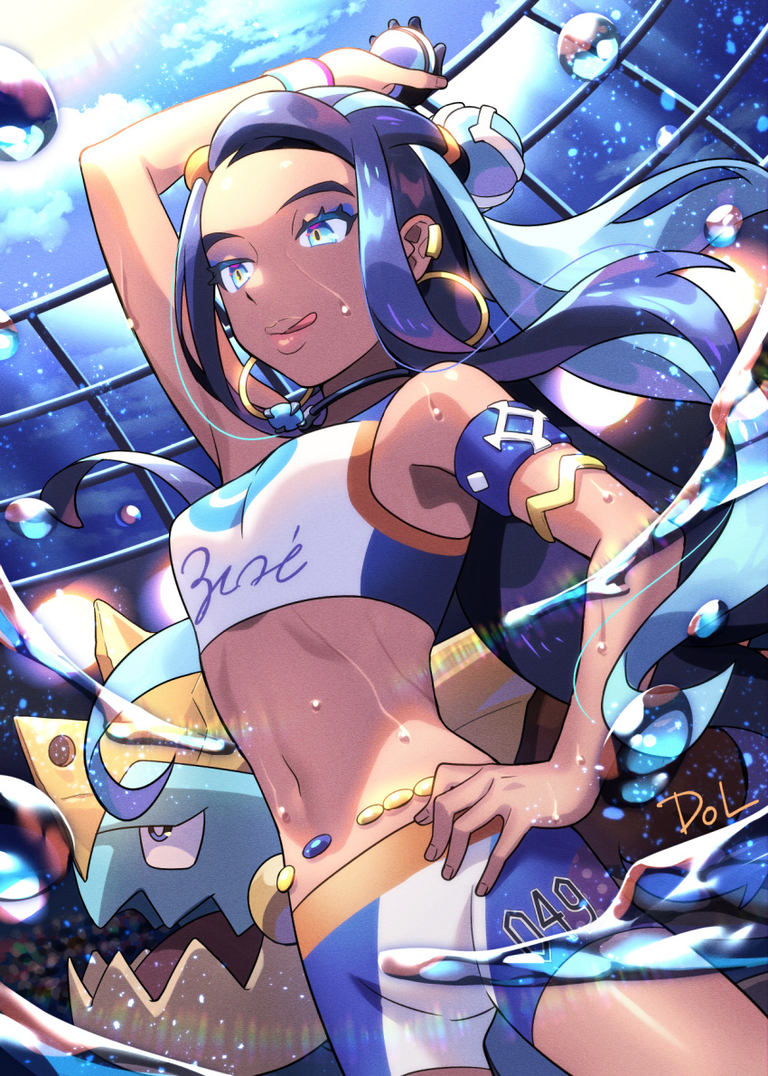 1girl arm_up armlet belly_chain bike_shorts blue_eyeshadow clouds commentary_request dark_skin day dive_ball dolustoy drednaw earrings eyelashes eyeshadow gen_8_pokemon hand_on_hip highres holding holding_poke_ball hoop_earrings jewelry licking_lips looking_down makeup navel necklace nessa_(pokemon) number poke_ball pokemon pokemon_(creature) pokemon_(game) pokemon_swsh sky sunlight tongue tongue_out wet