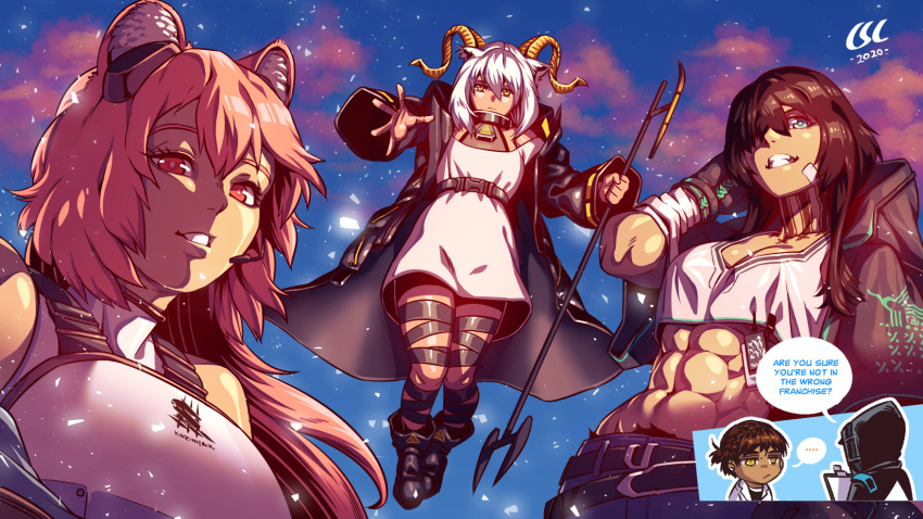 1boy 1other 3girls abs animal_ears arknights beeswax_(arknights) brown_hair c._suryo_laksono commentary dark_skin doctor_(arknights) english_text flint_(arknights) floating goat_horns gravel_(arknights) headset highres horns multiple_girls navel pink_hair smile speech_bubble staff thorns_(arknights) white_hair
