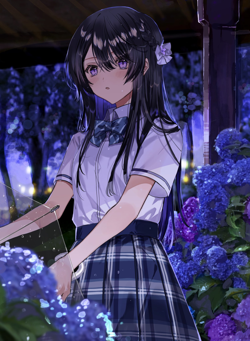 1girl :o bangs black_hair blue_bow blue_neckwear blue_skirt blush bow bowtie collared_shirt commentary_request cowboy_shot dress_shirt flower fuuna_(conclusion) hair_between_eyes hair_bow hair_ornament highres holding holding_umbrella hydrangea long_hair night original outdoors parted_lips plaid plaid_skirt school_uniform shirt short_sleeves skirt solo striped striped_bow striped_neckwear transparent transparent_umbrella umbrella very_long_hair violet_eyes white_bow white_shirt