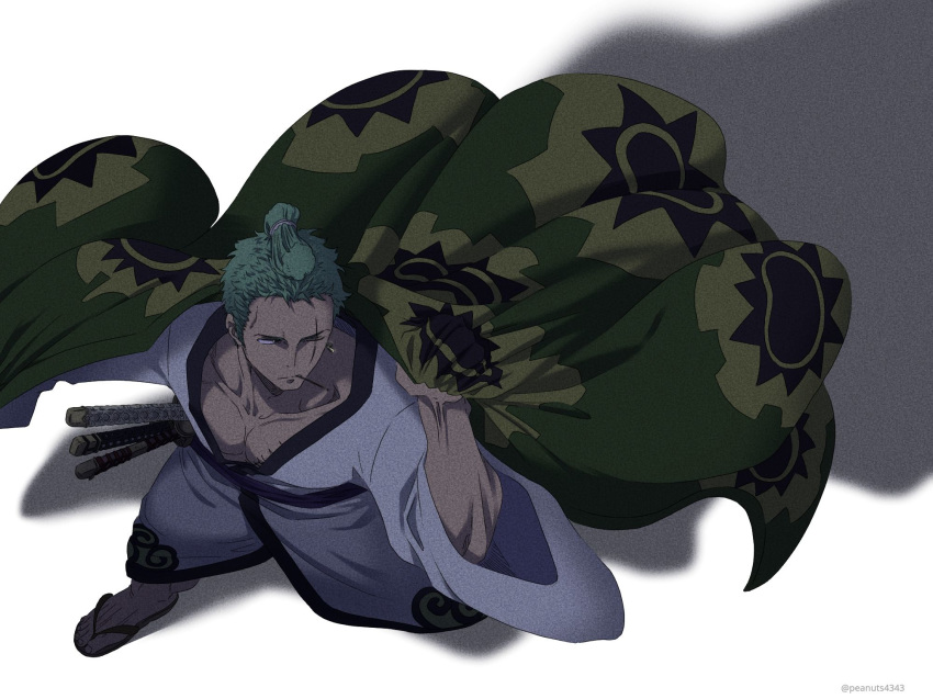 1boy abs chest earrings facial_scar from_above full_body green_hair highres japanese_clothes jewelry kimono male_focus muscle one_eye_closed one_piece open_clothes open_kimono pinattsu roronoa_zoro sandals scar short_hair simple_background solo toned toned_male