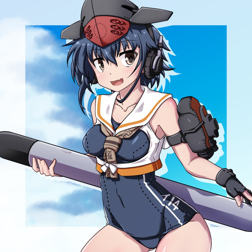 1girl 547th_sy asymmetrical_hair black_hair black_swimsuit blue_sky breasts brown_eyes brown_neckwear clouds cloudy_sky collarbone cowboy_shot fang framed_breasts gloves hair_between_eyes hat headphones highres i-14_(kantai_collection) kantai_collection neckerchief open_mouth partly_fingerless_gloves sailor_collar school_swimsuit shirt short_hair single_glove sky small_breasts smile solo swimsuit torpedo