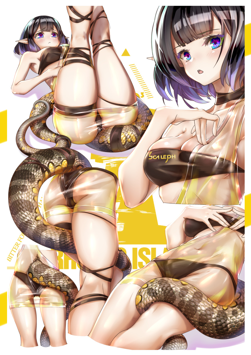 1girl absurdres arknights ass bandeau black_hair blue_eyes chinese_commentary commentary_request cropped_torso eunectes_(arknights) highres huge_filesize legs_up looking_at_viewer midriff multiple_views navel open_mouth scaleph see-through shadow short_hair snake_tail stomach strapless tail thighs tubetop upper_body white_background