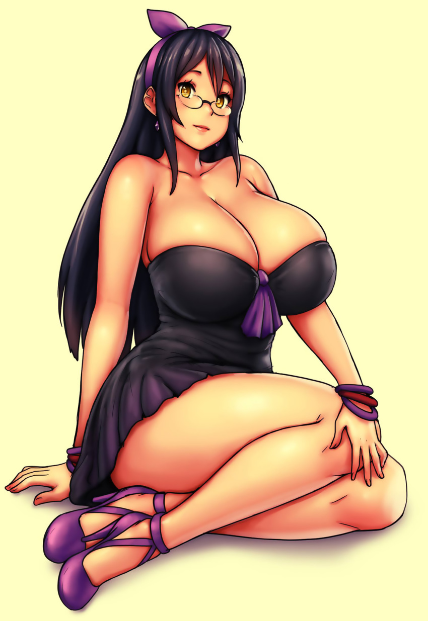 1girl bangs black_dress black_hair borrowed_character bow breasts dress english_commentary erkaz glasses hair_bow highres huge_breasts long_hair looking_at_viewer original pinup_(style) sitting solo yellow_background yellow_eyes