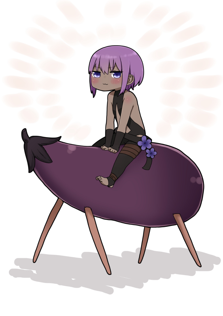 1girl :3 bangs bare_shoulders black_bodysuit blush bodysuit chibi closed_mouth dark_skin eggplant eyebrows_visible_through_hair fate/prototype fate/prototype:_fragments_of_blue_and_silver fate_(series) flower hair_between_eyes hassan_of_serenity_(fate) highres i.u.y looking_at_viewer no_shoes purple_flower purple_hair shadow shouryouuma sitting solo stirrup_legwear toeless_legwear violet_eyes white_background