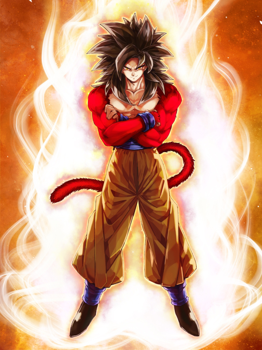 1boy aura black_footwear black_hair closed_mouth crossed_arms dragon_ball dragon_ball_gt full_body fur highres looking_at_viewer male_focus mattari_illust monkey_tail muscle pants red_fur smile solo spiky_hair super_saiyan super_saiyan_4 tail yellow_eyes